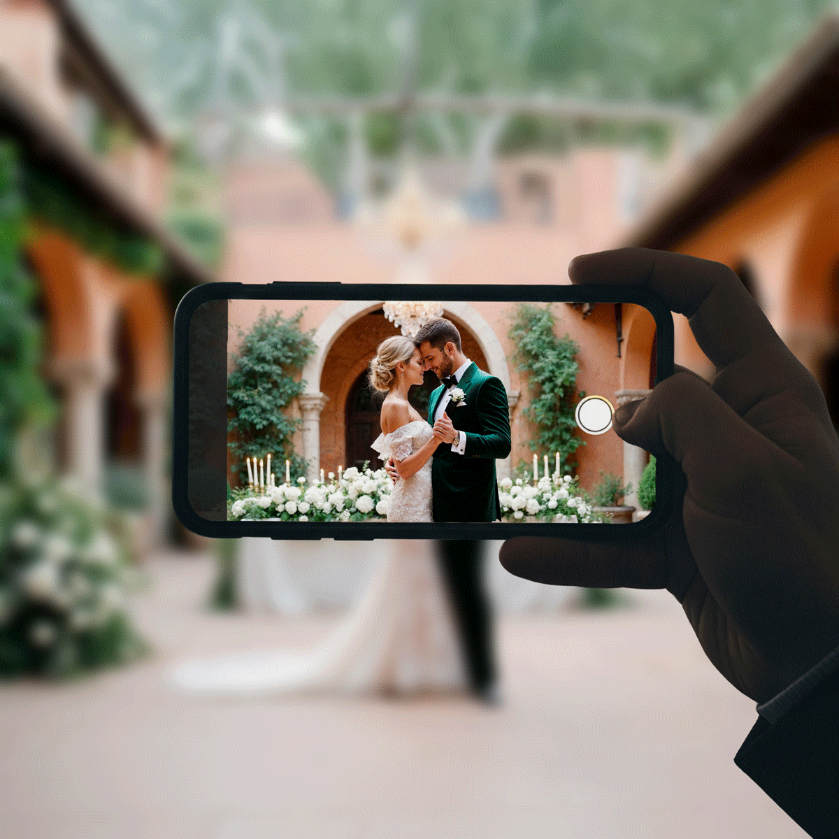 Ręka trzymająca telefon ze zdjęciem z wesela
